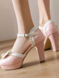 Sweet Lolita Shoes White Bows Round Toe PU Leather Lolita Pumps