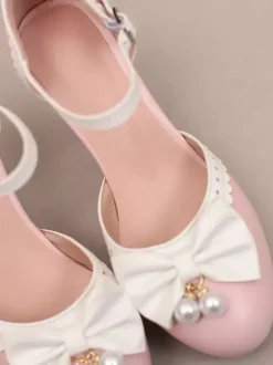 Sweet Lolita Shoes White Bows Round Toe PU Leather Lolita Pumps