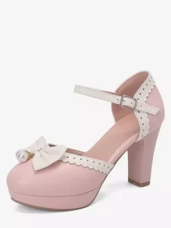 Sweet Lolita Shoes White Bows Round Toe PU Leather Lolita Pumps