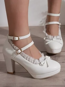 Sweet Lolita Shoes White Lace Bows PU Leather Chunky Heel Lolita Shoes