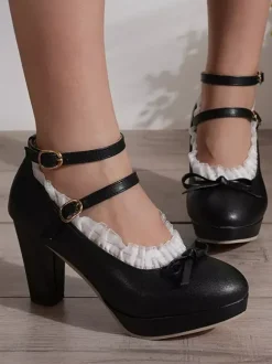 Sweet Lolita Shoes White Lace Bows PU Leather Chunky Heel Lolita Shoes