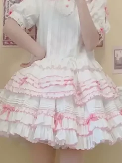 Sweet Lolita SK Color Block Pink Bows Ruffles Lolita Skirts