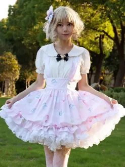 Sweet Lolita Skirt Floral Print Soft Pink Ruffles Lolita Skirts