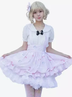 Sweet Lolita Skirt Floral Print Soft Pink Ruffles Lolita Skirts