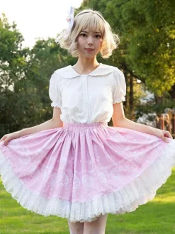 Sweet Lolita SK Ruffles Pink Floral Print Lolita Skirts