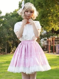 Sweet Lolita SK Ruffles Pink Floral Print Lolita Skirts