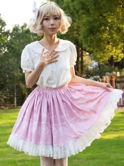 Sweet Lolita SK Ruffles Pink Floral Print Lolita Skirts