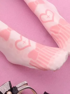 Sweet Lolita Stockings Pink Velvet Heart Bow Printed Lolita Knee High Socks