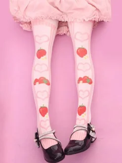 Sweet Lolita Stockings Pink Velvet Strawberry Printed Lolita Knee High Socks