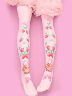 Sweet Lolita Stockings Strawberry Pink Velvet Printed Lolita Knee High Socks