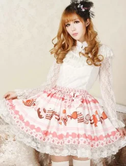 Sweet Pink Lolita Short Skirt Cake Ice Cream Print Lace Trim
