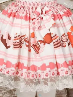 Sweet Pink Lolita Short Skirt Cake Ice Cream Print Lace Trim