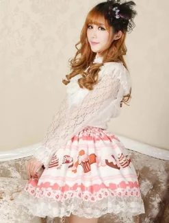Sweet Pink Lolita Short Skirt Cake Ice Cream Print Lace Trim