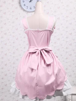 Sweet Pink White Cotton Lolita Jumper Skirt Lace Up Layered Ruffles Bows