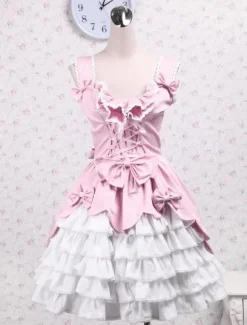 Sweet Pink White Cotton Lolita Jumper Skirt Lace Up Layered Ruffles Bows