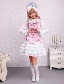 Sweet Pink White Cotton Lolita Jumper Skirt Lace Up Layered Ruffles Bows