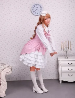 Sweet Pink White Cotton Lolita Jumper Skirt Lace Up Layered Ruffles Bows