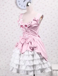 Sweet Pink White Cotton Lolita Jumper Skirt Lace Up Layered Ruffles Bows