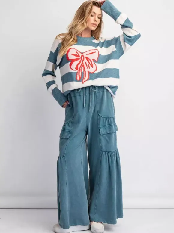 Sweet Striped Bow Print Oversized Knit Sweater Top For Women 2026
