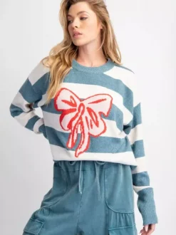 Sweet Striped Bow Print Oversized Knit Sweater Top For Women 2026