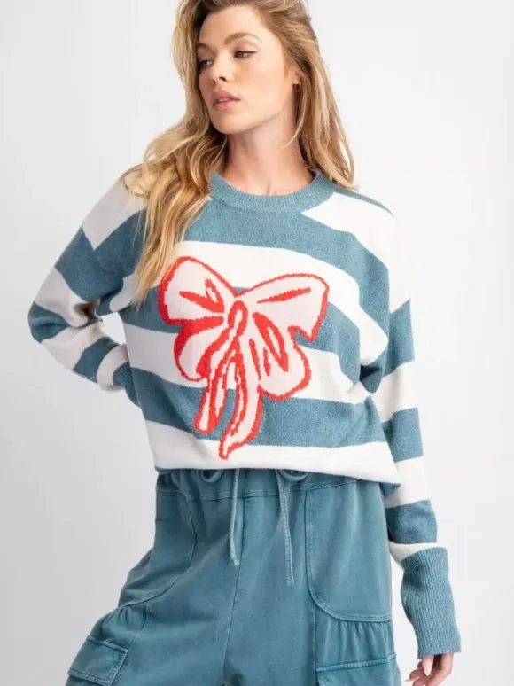 Sweet Striped Bow Print Oversized Knit Sweater Top For Women 2026