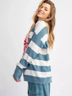 Sweet Striped Bow Print Oversized Knit Sweater Top For Women 2026