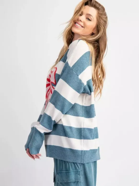 Sweet Striped Bow Print Oversized Knit Sweater Top For Women 2026