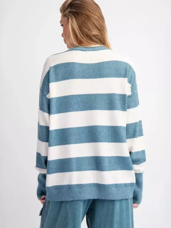 Sweet Striped Bow Print Oversized Knit Sweater Top For Women 2026