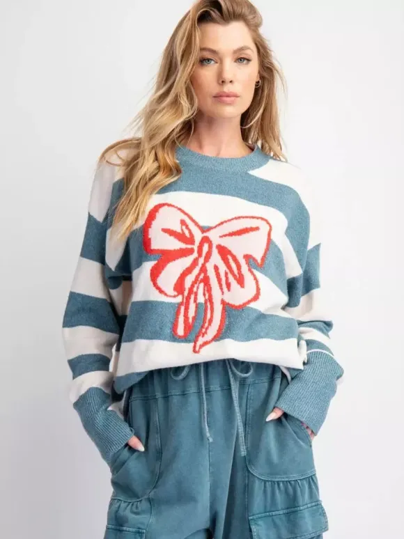 Sweet Striped Bow Print Oversized Knit Sweater Top For Women 2026