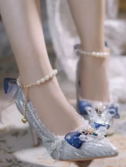 Sweet Wedding Hime Lolita Footwear Silver Color Block Ruffles Bows Pointed Toe Lolita Pumps