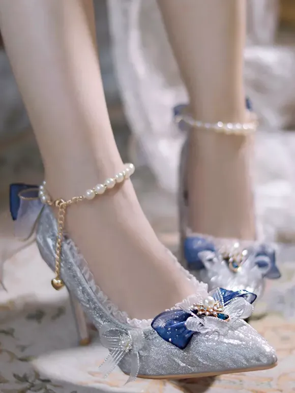 Sweet Wedding Hime Lolita Footwear Silver Color Block Ruffles Bows Pointed Toe Lolita Pumps