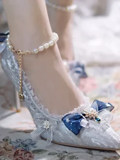 Sweet Wedding Hime Lolita Footwear Silver Color Block Ruffles Bows Pointed Toe Lolita Pumps