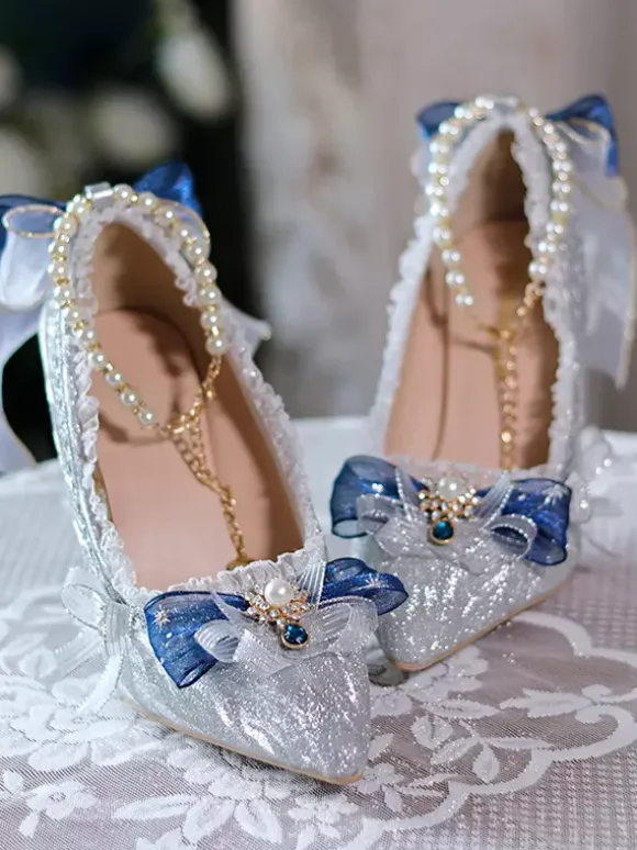 Sweet Wedding Hime Lolita Footwear Silver Color Block Ruffles Bows Pointed Toe Lolita Pumps