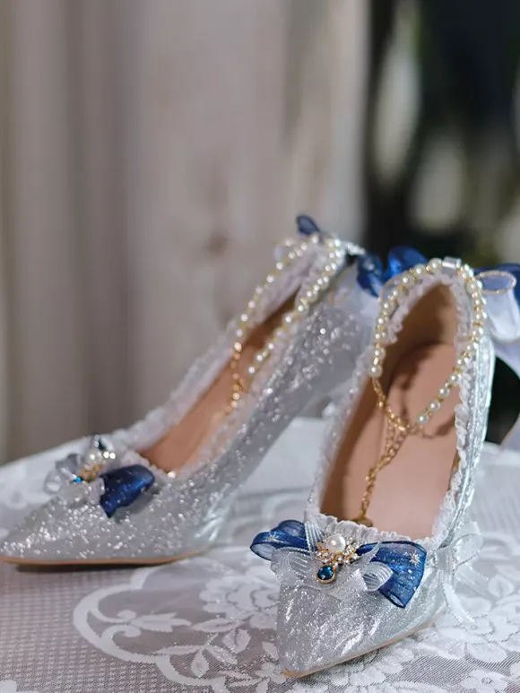 Sweet Wedding Hime Lolita Footwear Silver Color Block Ruffles Bows Pointed Toe Lolita Pumps