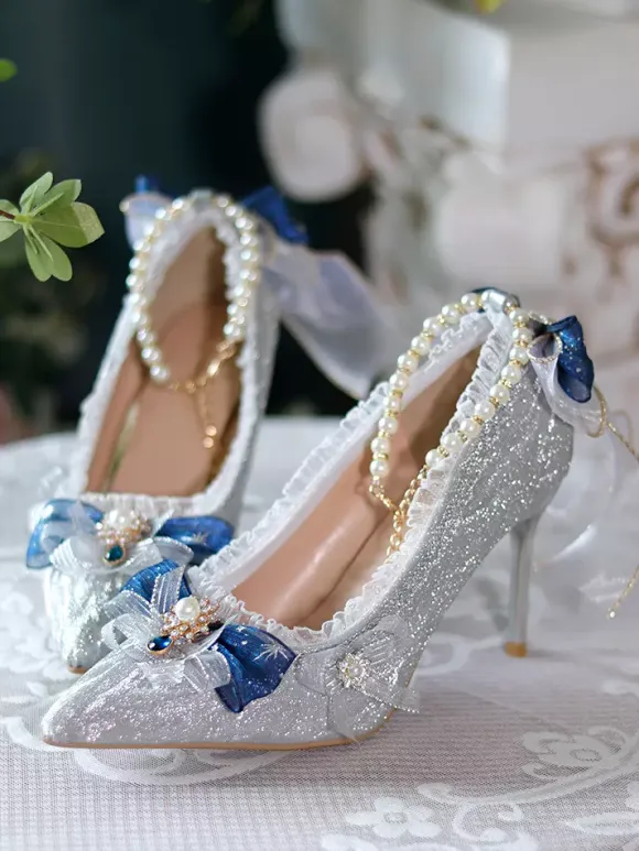 Sweet Wedding Hime Lolita Footwear Silver Color Block Ruffles Bows Pointed Toe Lolita Pumps