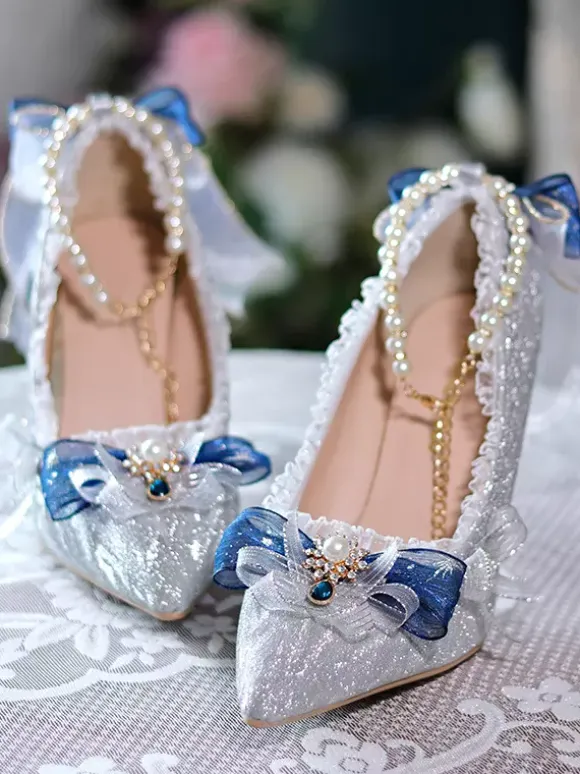 Sweet Wedding Hime Lolita Footwear Silver Color Block Ruffles Bows Pointed Toe Lolita Pumps