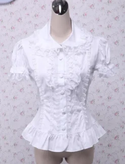 Sweet White Cotton Lolita Blouse Short Sleeves Layered Lace Trim Turn-down Collar