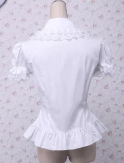 Sweet White Cotton Lolita Blouse Short Sleeves Layered Lace Trim Turn-down Collar