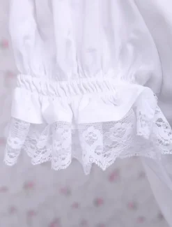 Sweet White Cotton Lolita Blouse Short Sleeves Layered Lace Trim Turn-down Collar