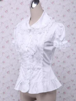 Sweet White Cotton Lolita Blouse Short Sleeves Layered Lace Trim Turn-down Collar