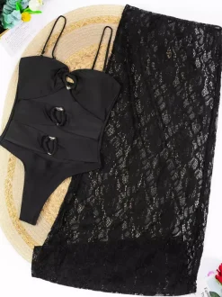 Swimsuit Set Black Sexy Lace Clothes Strapless Sleeveless T-back Long Skirt Bra Sets
