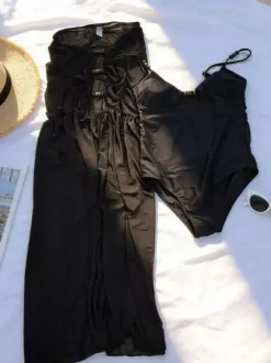 Swimsuit Set Black Sexy Lace Straps Neck Sleeveless Long Skirt T-back Bra Sets