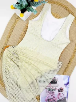 Swimsuit Set Ecru White Athletic Clothes Jewel Neck Sleeveless Skirt Swimsuit Sets