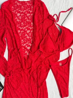 Swimsuit Set Red Sexy Lace Cut Out V-Neck Long Sleeves Cover-Up Bra T-back Sets