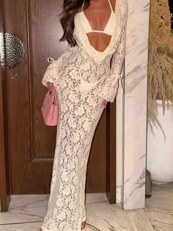 Swimsuit Set Red Sexy Lace Cut Out V-Neck Long Sleeves Cover-Up Bra T-back Sets