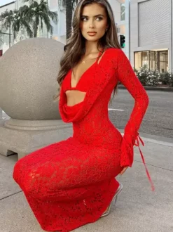 Swimsuit Set Red Sexy Lace Cut Out V-Neck Long Sleeves Cover-Up Bra T-back Sets