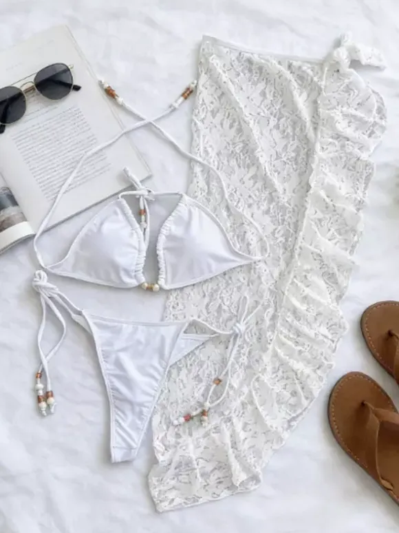 Swimsuit Set White Sexy Lace Cut Out T-back Bra Long Skirt Sets