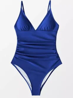 Swimsuit Women's Ruched V-Neck One-Piece Tummy Control Bathing Suit With Spaghetti Straps Swimsuit