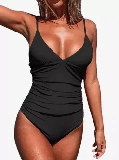 Swimsuit Women's Ruched V-Neck One-Piece Tummy Control Bathing Suit With Spaghetti Straps Swimsuit