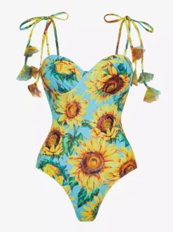 Swimsuits & Cover-Ups Women's Clothing Swimsuit Set Yellow Retro Floral Print Straps Neck